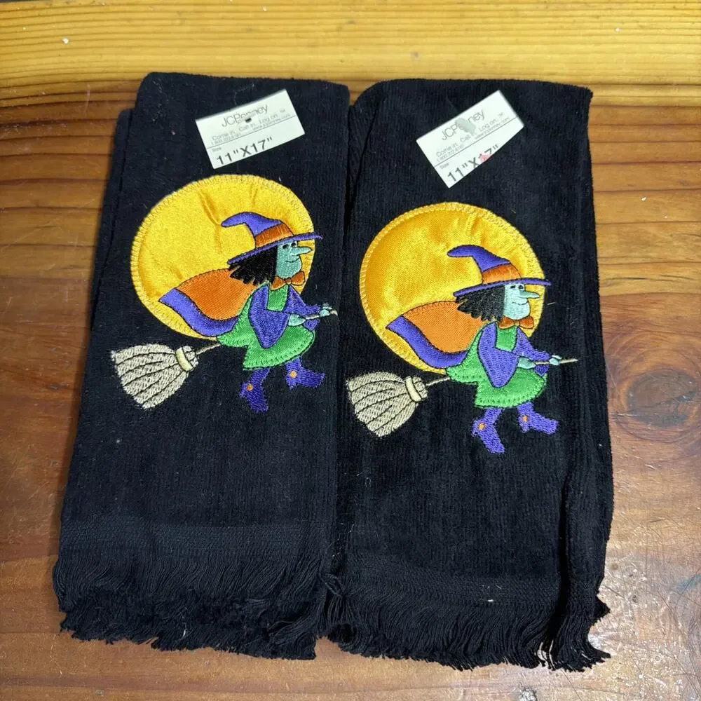 Set Of 4 Black Halloween Towels Witch JCPenney 11x17 New